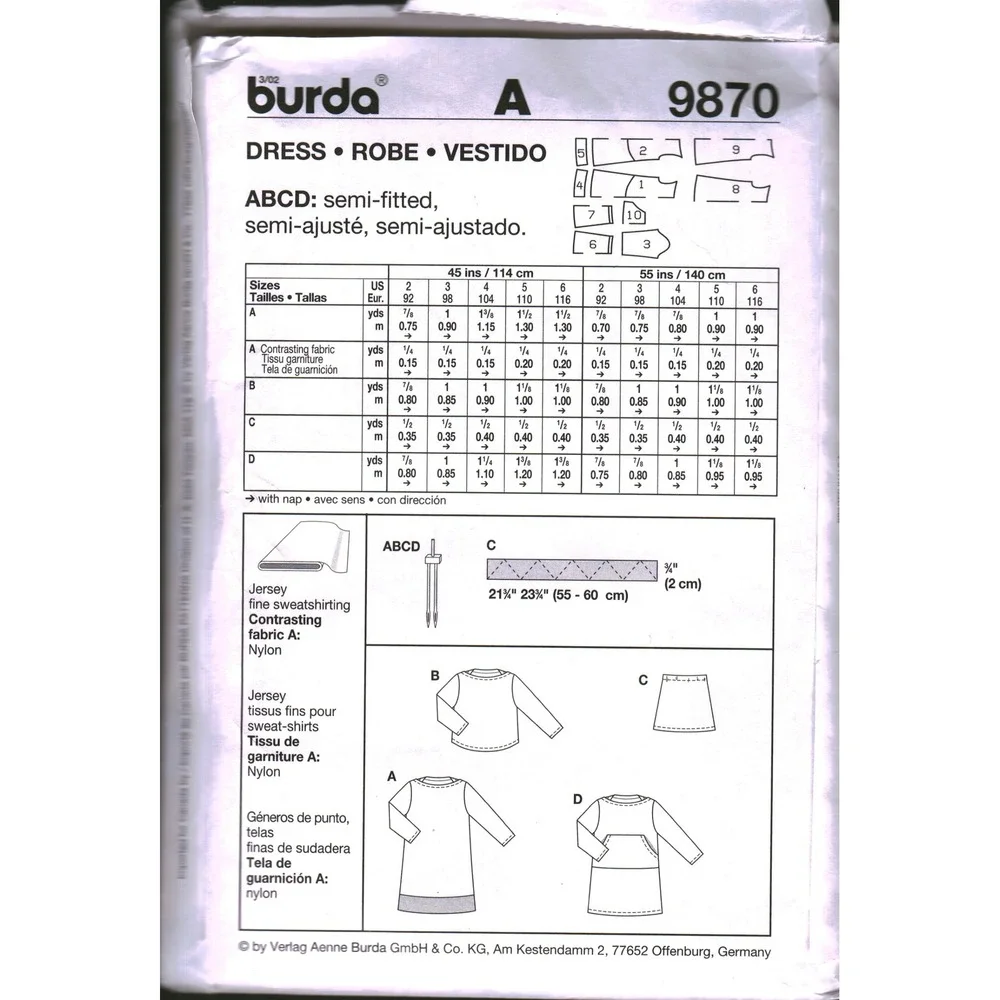Burda Easy 9870 Girls Dress Top Skirt Sewing Pattern Size 2-4 cut Very Easy
